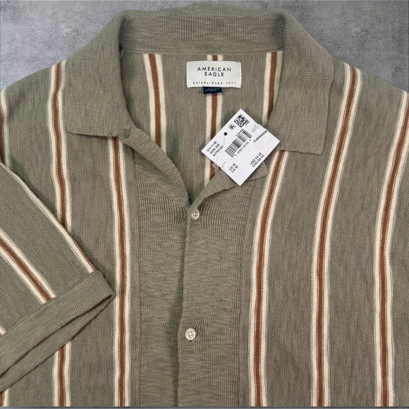 American Eagle Men's Striped Button Up Shirt Olive Brown Short Sleeve Size M - Picture 1 of 6